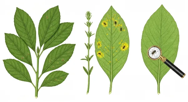 Plante d'intérieur saine à côté d'une plante infestée d'acariens, avec des toiles d'araignée rouges et une loupe pour l'identification.