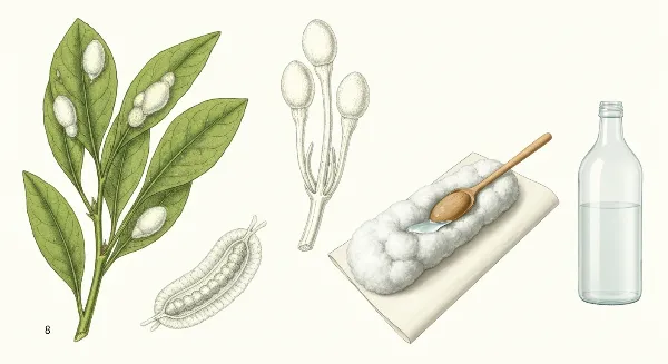 Coton-tige imbibé d'alcool nettoyant une feuille de plante infestée de cochenilles farineuses blanches.
