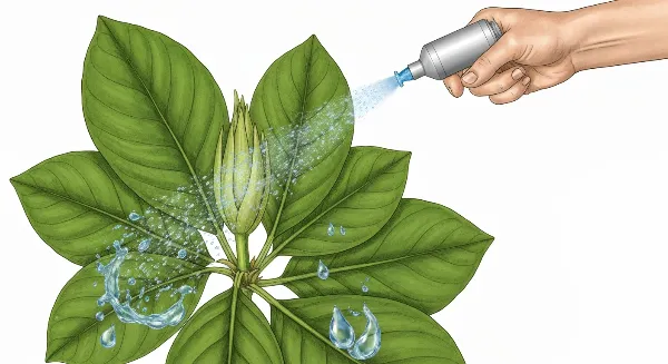 Vaporiser de l'eau sur une plante pour augmenter l'humidité et prévenir les araignées rouges.