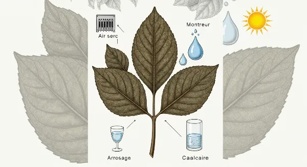 Plante d'intérieur avec des feuilles aux bords bruns, symbolisant les causes de dessèchement : air sec, arrosage inadapté, eau calcaire, soleil intense.