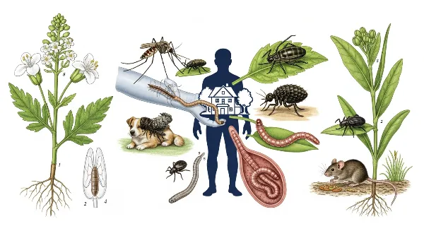 Illustration de différents parasites (insectes, rongeurs, vers) et leurs hôtes (humain, maison, jardin, plante)