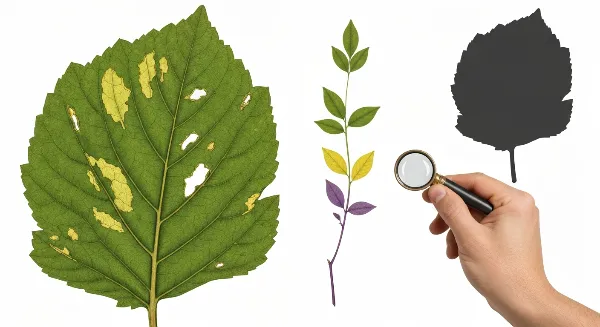 Plante avec feuilles jaunies et déformées, signe de carence en nutriments, observée à la loupe pour diagnostic