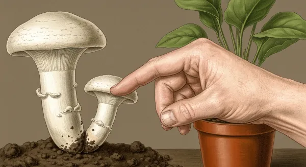 Champignon blanc duveteux sur le terreau d'une plante d'intérieur en pot