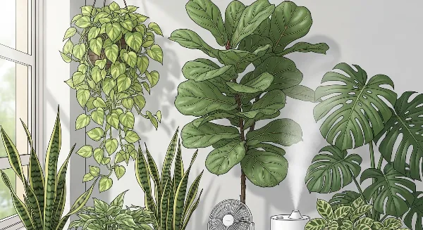 Un ventilateur et un humidificateur créent un environnement sain pour des plantes d'intérieur.