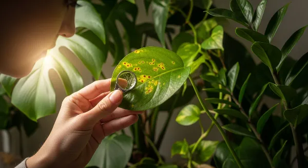 Une personne inspecte une feuille de plante d'intérieur avec une loupe pour détecter des parasites.