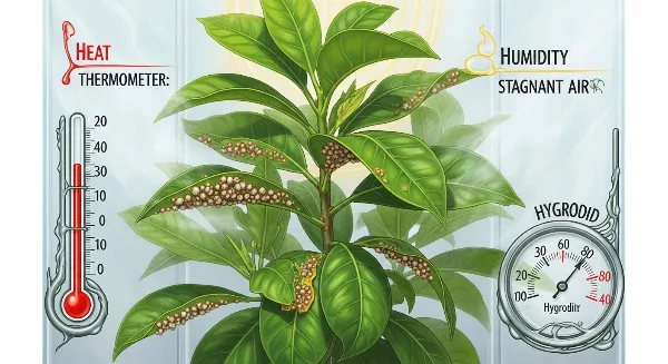 Conditions idéales pour les cochenilles farineuses : chaleur, humidité et manque de ventilation autour d'une plante infestée.