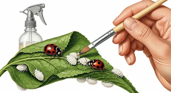 Application de traitements naturels contre les cochenilles farineuses, incluant savon noir et lutte biologique.