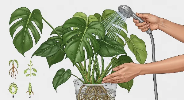 Une personne douche une plante d'intérieur sous un jet d'eau tiède pour la nettoyer et la protéger des parasites.