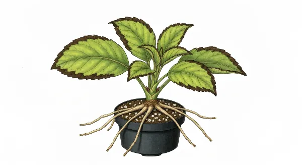 Plante en pot avec feuilles jaunies et bords bruns, signe d'excès d'engrais et brûlure des racines.