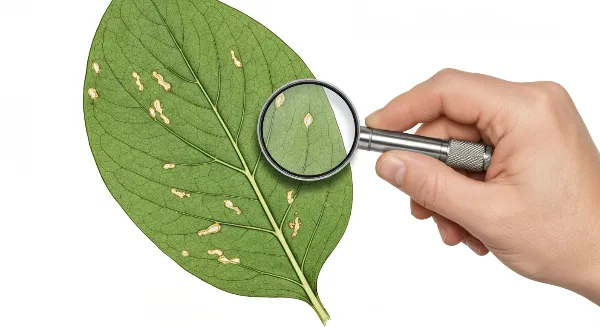 Main inspectant une feuille de plante d'intérieur avec une loupe pour détecter des problèmes