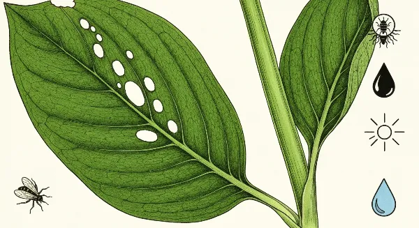 Feuille de plante d'intérieur verte avec des trous, illustrant un problème courant