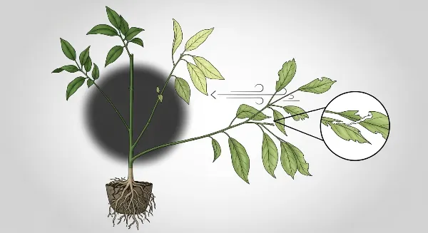 Illustrations des causes de chute de feuilles : racines serrées, manque de lumière, carence, courant d'air