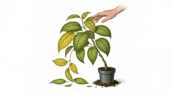 Plante en pot perdant ses feuilles, certaines jaunes et sèches au sol