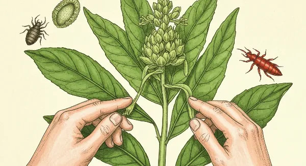 Mains inspectant une plante d'intérieur verte pour détecter des parasites