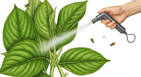 Main pulvérisant de l'huile de neem sur une plante d'intérieur pour la protéger des parasites