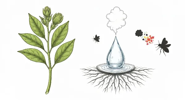 Représentation visuelle des impacts environnementaux des pesticides utilisés en intérieur, avec pollution de l'eau et effet sur les pollinisateurs.