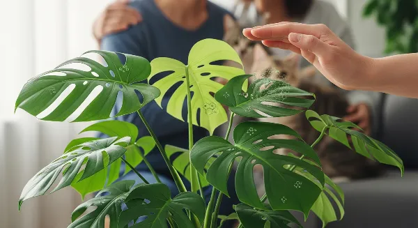 Une plante d'intérieur avec des symboles de danger, représentant les risques des insecticides systémiques pour la santé humaine et l'environnement.