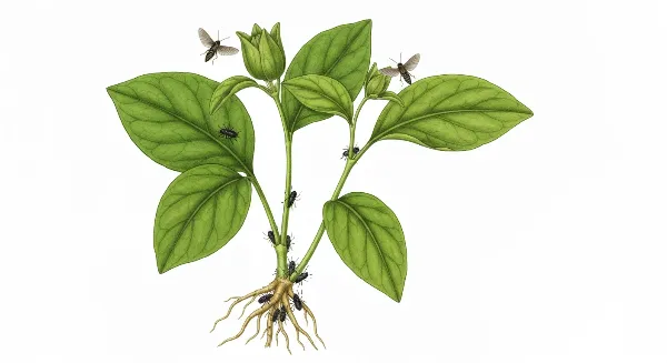 Plante d'intérieur infestée par des moucherons adultes et leurs larves dans le terreau