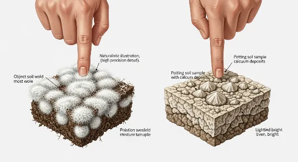 Comparaison visuelle entre moisissure blanche duveteuse et dépôts calcaires secs sur terreau