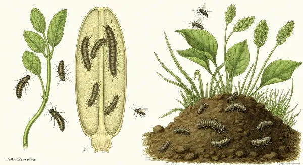 Nématodes Steinernema feltiae attaquant des larves de moucherons dans le terreau d'une plante d'intérieur