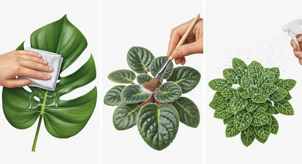 Diverses techniques de nettoyage de feuilles de plantes d'intérieur