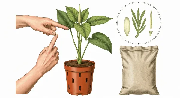 Mains testant l'humidité du terreau et sac de terreau bien fermé pour la prévention