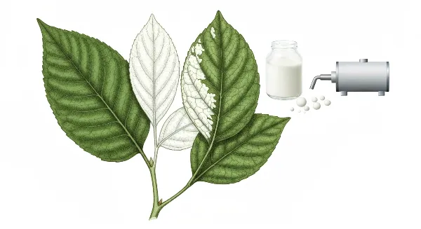 Plante d'intérieur avec oïdium, feuilles couvertes d'un feutrage blanc poudreux, prête à être traitée.