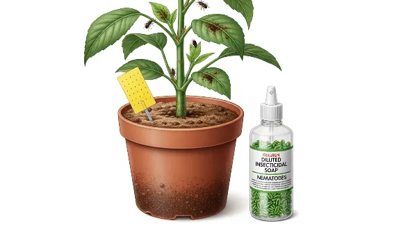 Solutions naturelles pour éliminer les parasites du terreau : paillage, pièges jaunes et savon noir.