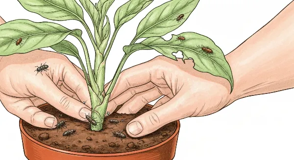 Main inspectant le terreau d'une plante d'intérieur pour détecter des parasites comme les mouches du terreau.