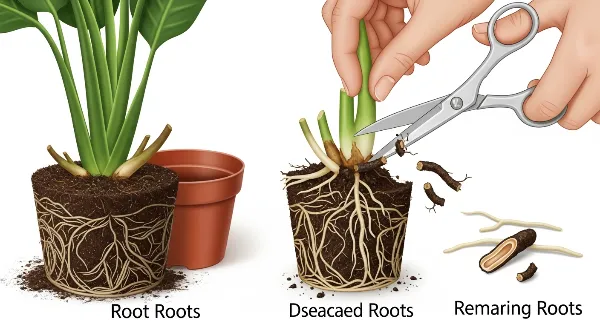 Étapes de traitement de la pourriture racinaire : taille des racines malades et rempotage dans un substrat sain.