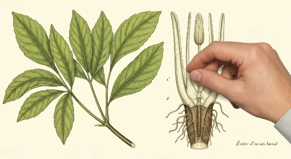 Plante d'intérieur avec feuilles jaunies et racines pourries, montrant la détresse due à la pourriture racinaire.