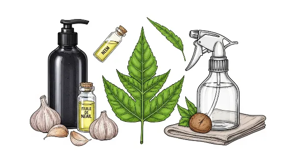 Outils et solutions naturelles : savon noir, huile de neem, ail pour traiter les parasites des plantes