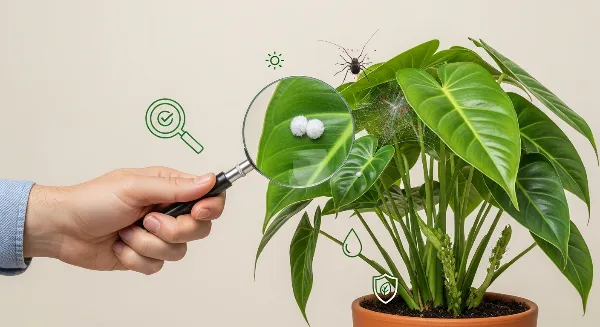 Une personne inspectant une plante d'intérieur avec une loupe pour détecter des parasites