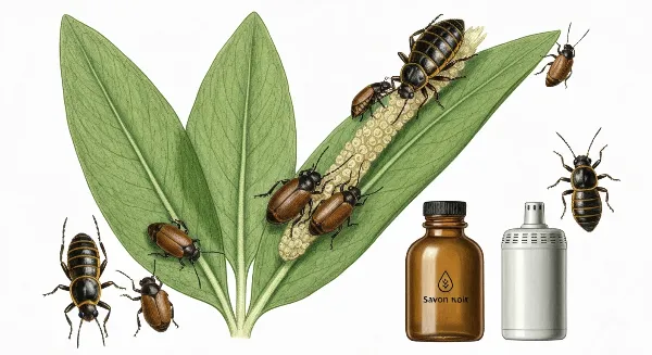 Coccinelles et larves mangeant des pucerons sur une feuille de plante, savon noir et vaporisateur