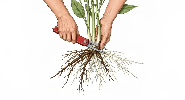 Mains coupant des racines pourries avec un sécateur désinfecté lors du processus de sauvetage d'une plante.