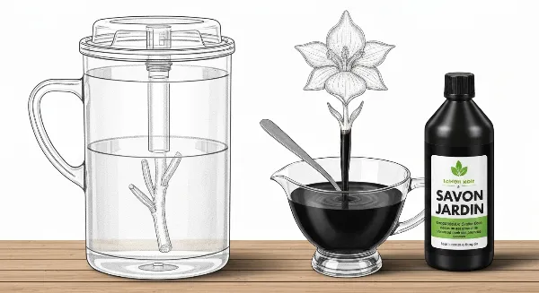 Préparation d'une solution insecticide au savon noir liquide dans un pulvérisateur