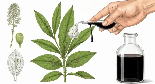 Main pulvérisant du savon noir sur une plante infestée de pucerons dans un jardin