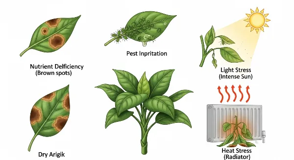 Illustration des différentes causes de stress pour les plantes : carences, parasites, excès de lumière, chaleur.