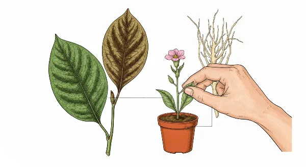 Plante d'intérieur avec feuilles vertes et taches brunes, symbolisant un problème à résoudre.