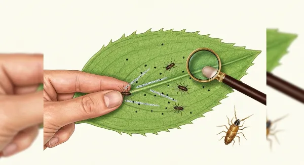 Main examinant une feuille de plante d'intérieur pour détecter des thrips et leurs symptômes