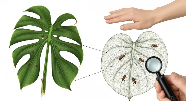 Plante d'intérieur avec des thrips, montrant des dégâts et des solutions de traitement.