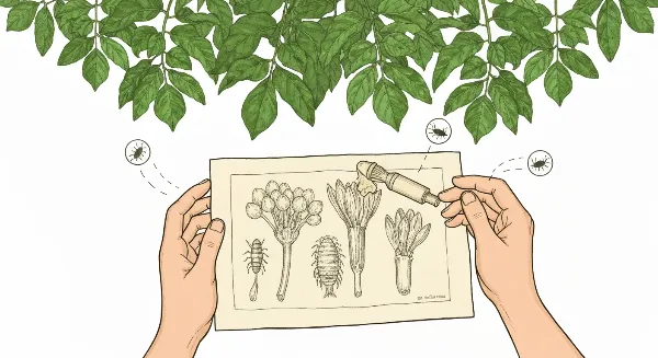 Mains appliquant un traitement naturel sur une feuille de plante d'intérieur infestée de parasites