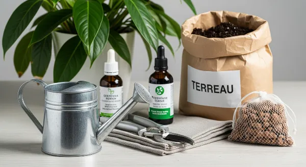 Assortiment d'outils et produits essentiels pour l'entretien des plantes