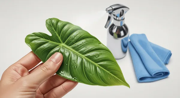 Main tenant une feuille verte de plante d'intérieur avec soin